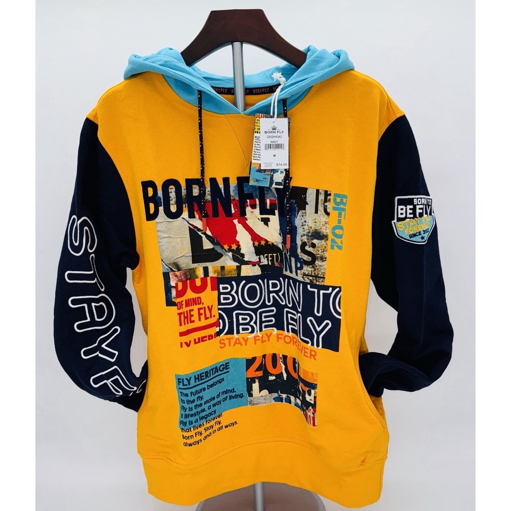 Born Fly Stay Fly Hoodie Graphic Embroidered Streetwear Yellow Blue Men Sz M NWT